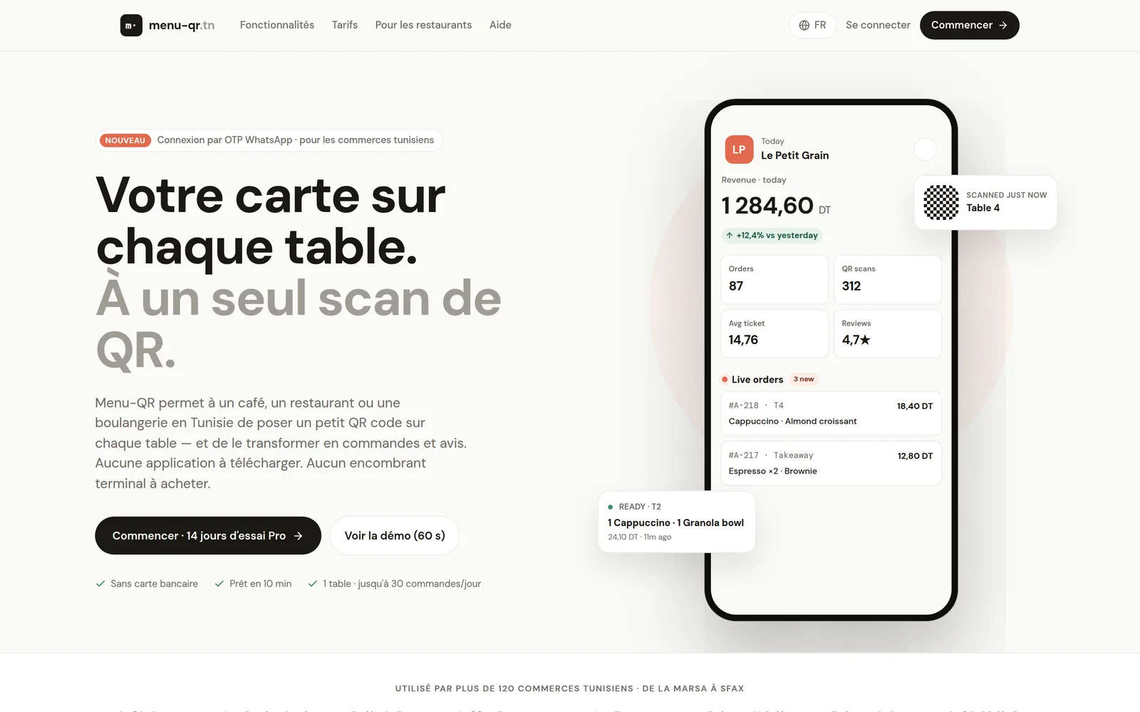 Menu QR landing and live orders dashboard